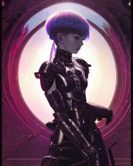 Image similar to portrait of beautiful cute young maiden goth cyborg girl with short white hairs in warhammer armor, art by ( ( ( kuvshinov ilya ) ) ) and wayne barlowe and gustav klimt and artgerm and wlop