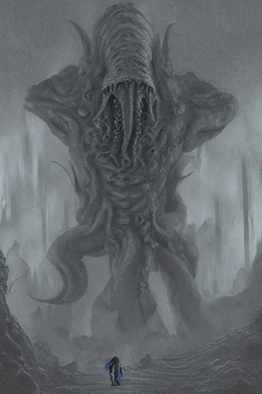 Image similar to matte painting of a human explorer mutated cthulhu beast wandering the dark corridors of a wet underground dungeon in lovecraft style