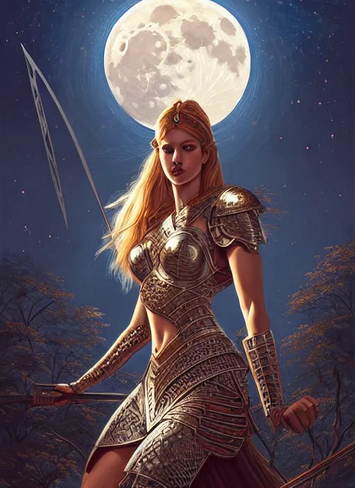 Image similar to high vector, book cover!!!!!!!!!!!!, warrior princess in intricate plate armour, large moon, light night, intricate, elegant, sharp focus, illustration, highly detailed, digital painting, concept art, matte, art by wlop and artgerm and ivan shishkin and andrey shishkin, masterpiece