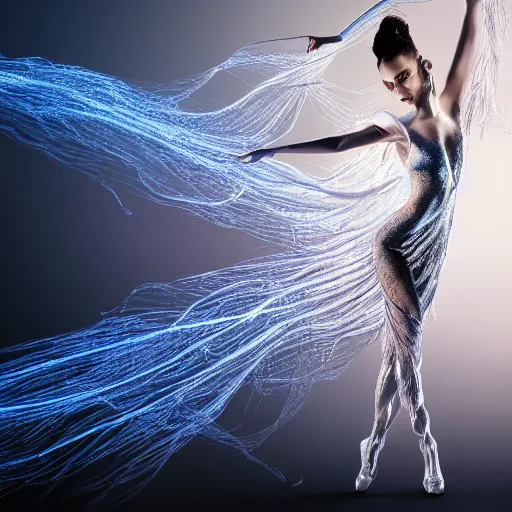 Prompt: a highly detailed ethereal full body, digital image of a elegantly posed dancing futuristic woman beautifully intertwined in realistic chrome foliage dress liquid like water, full body shot, by Andrew Chiampo, artstation, and Frederik Heyman, extremely detailed woman, stunning volumetric lighting, hyper realism, fantasy, intricate detail, 4k,