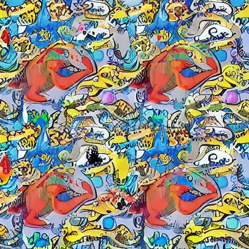 Prompt: a colourful dinosaur pattern with tyrannosaurus rex, spinosaurus, mosasaurus and velociraptor in the style of takashi murakami, anime, fine detail, digital art, high resolution