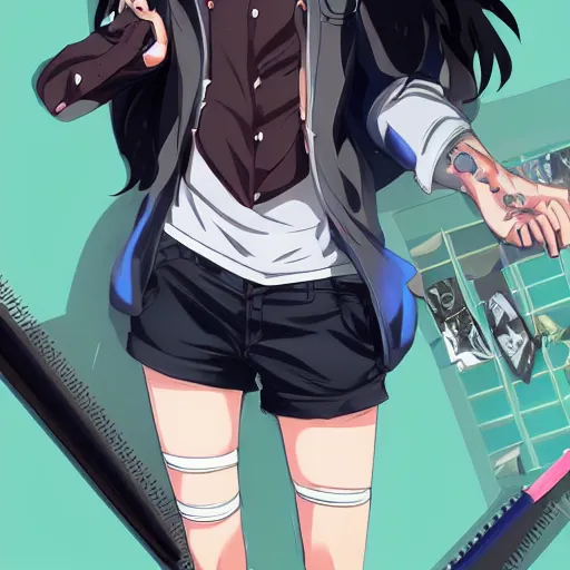 Prompt: aloof anime man with black emo hair wearing jean shorts, standing in headmistress's office, smug grin, smug expression, punchable expression, punchable face, sharp details, subsurface scattering, intricate details, art by artgerm, anime, anime hd wallpaper, 2 0 1 9 anime screenshot