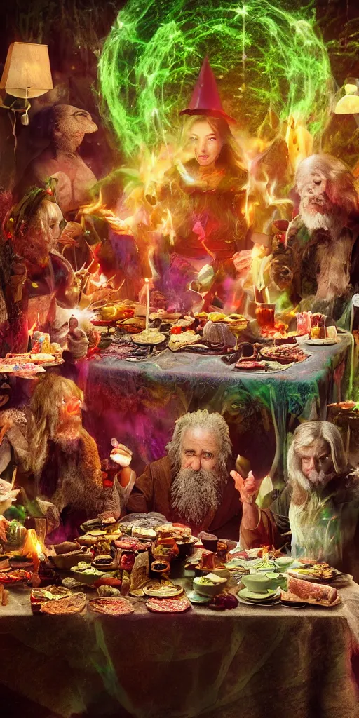 Prompt: an 8 k magazine editorial photo shoot color hdr picture of zardoz accessing magical second level during his 9 6 6 th birthday party along with female friends. everything is of the second level including plates of green bread and hams on the isle of kun lao. volumetric lighting. atmospheric