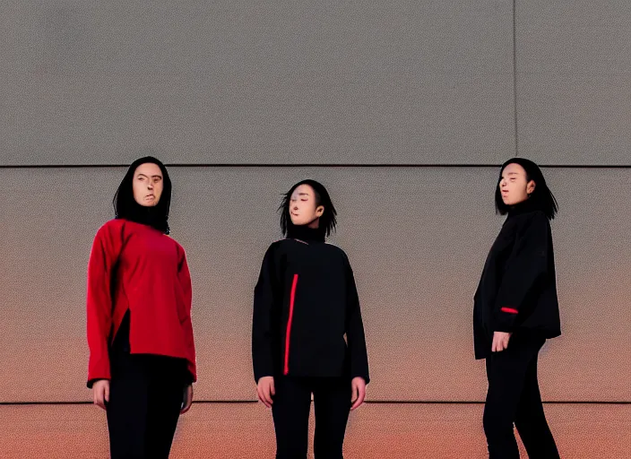 Prompt: closeup photographic portrait of 2 clones in front of a brutalist metal building, 2 techwear women, on a desolate plain, red sky, black oversized clothes, sigma 8 5 mm f / 1. 4, 4 k, depth of field, 8 k, high resolution, hd, full color