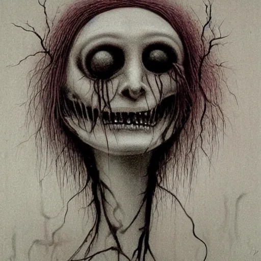 Prompt: grunge drawing of a happy face by - Zdzisław Beksiński , corpse bride style, horror themed, detailed, elegant, intricate