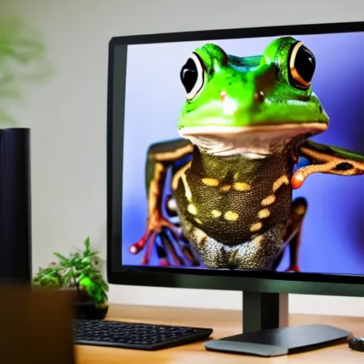 Image similar to frog livestreaming behind its computer to twitch, while sitting on a throne in a beautiful forest