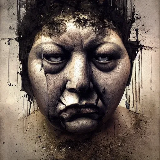 Image similar to portrait of the face of big fat old sumoringer as despair from sandman, venus of willendorf, by jeremy mann, by gregory crewdson, by bastien lecouffe deharme, by russ mills, sad face, topknot, black hair, mourning, black eyes, white room, soft lightning, high detailed, 8 k