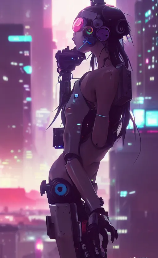 Image similar to cyberpunk anime girl mech, cyberpunk accessory, side view, chill vibe, street night, beautiful face, grafity, arcane, detail, good face, pose model, concept art, in style of yoji shinkawa, pan ren wei, col price, atey ghailan, by greg rutkowski, aesthetic, digital painting, 3 d