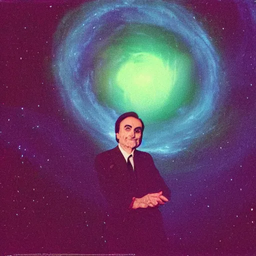 Prompt: Portrait of Carl Sagan floating in the cosmos in 1960, taken on a 35mm film camera