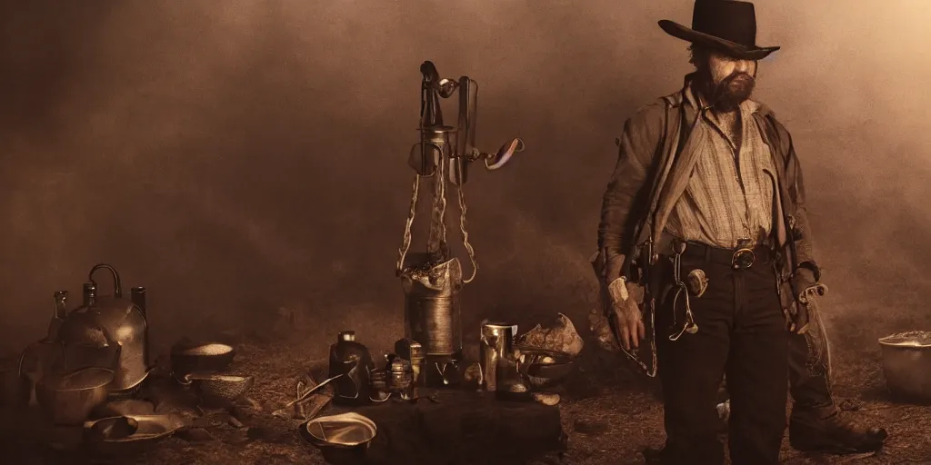 Image similar to portrait of rugged bandit cialien murphy ( ( alone ) ) in the old west, handcuffed by shackles at a campfire, holding a canteen, volumetric lighting, cinematic, dark, grim
