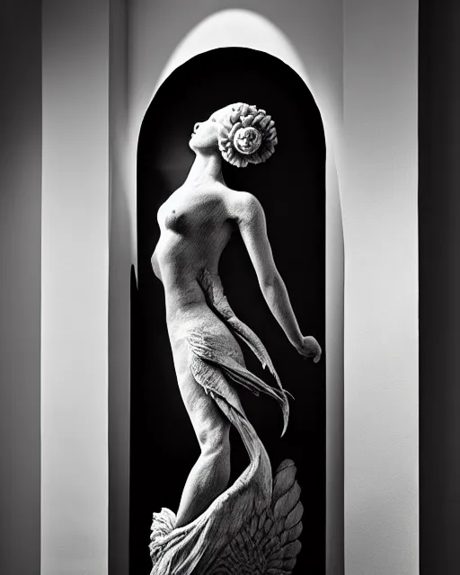 Image similar to surreal mythical dreamy dark artistic black and white fine art photo of a monumental wax sculpture of a female, orchid, bird, cybor