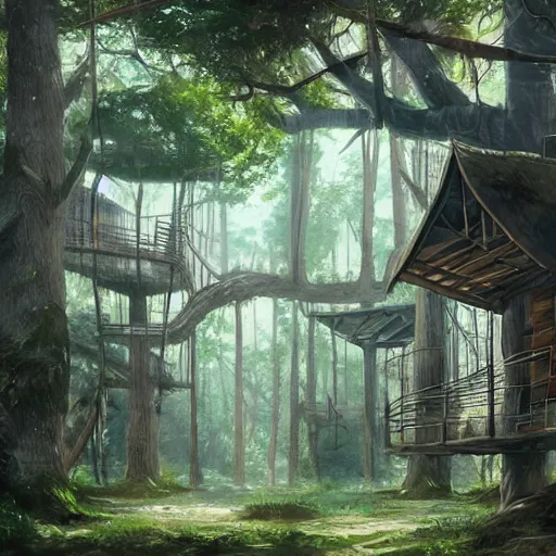 Image similar to concept art painting of treehouses made out of trees, walkways between trees, trees with doors and windows in a deep forest, realistic, detailed, cel shaded, in the style of makoto shinkai and greg rutkowski and james gurney