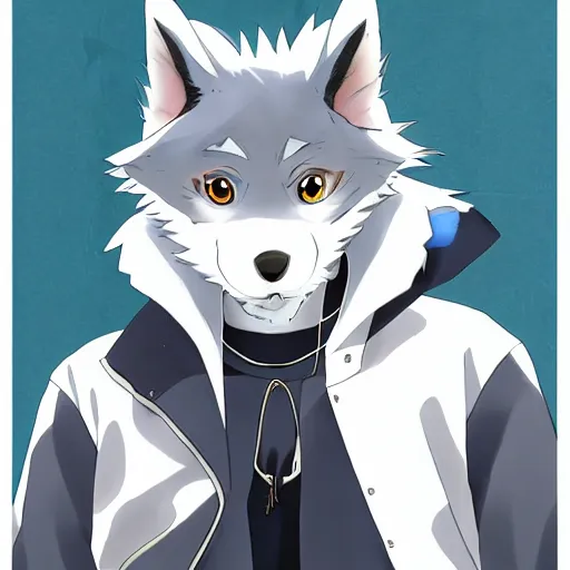 Image similar to key anime visual portrait of an anthropomorphic anthro wolf fursona, in a jacket, with handsome eyes, official modern anime art