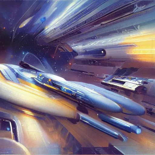 Prompt: scifi smooth spaceship entering lightspeed concept art oil painting by john berkey , loosely detailed, brush hard