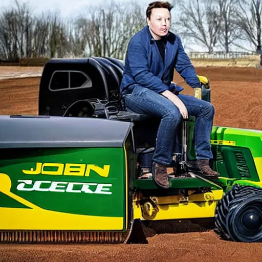 Image similar to award winning photograph, elon musk driving a john deere