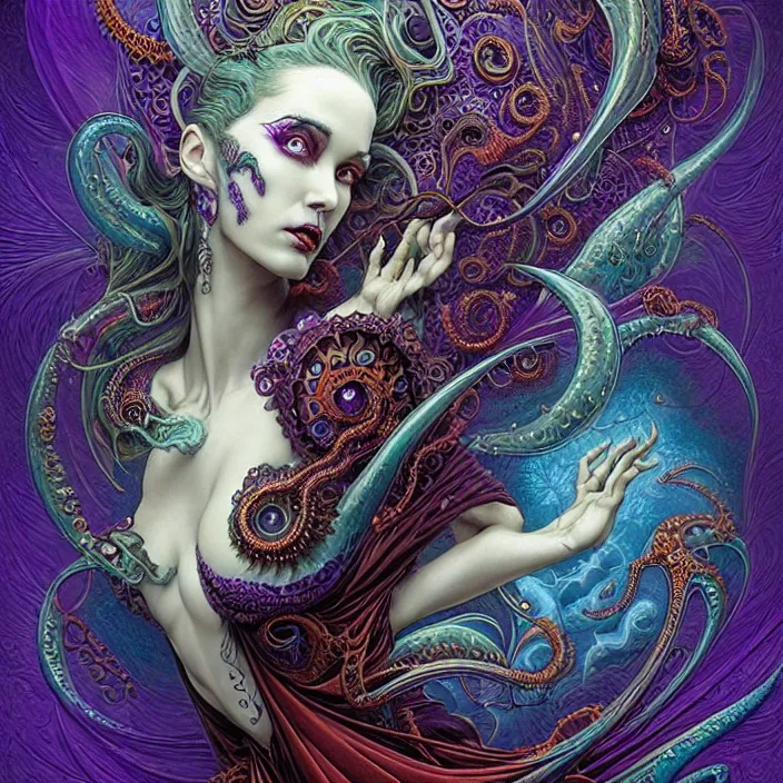 Image similar to depicting a beautiful lovecraftian female priestess, in the style of joe fenton, dynamic energetic pose, exuberant organic elegant forms, by karol bak and filip hodas : : 1. 4 purple, red, blue, green, black intricate mandala explosions : : intuit art : : turbulent energy backdrop : : damask wallpaper : : atmospheric