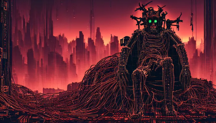 Prompt: highly detailed dark rotting god sitting on a throne of bodies, wires night, death, fear, horror, human robots, cyberpunk, cyberpunk futuristic neon, religion, in style of minecraft, by caravaggio, hyperrealism, detailed and intricate environment