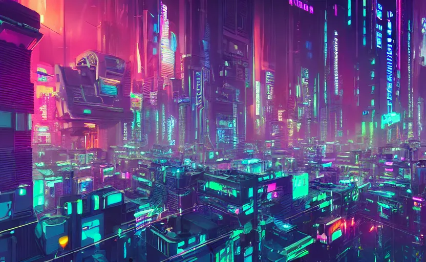 Image similar to Wide angle shot of a cyberpunk city with neon lights and holographic fishes floating in the sky by Petros Afshar and Beeple, James Gilleard, Mark Ryden, Wolfgang Lettl highly detailed