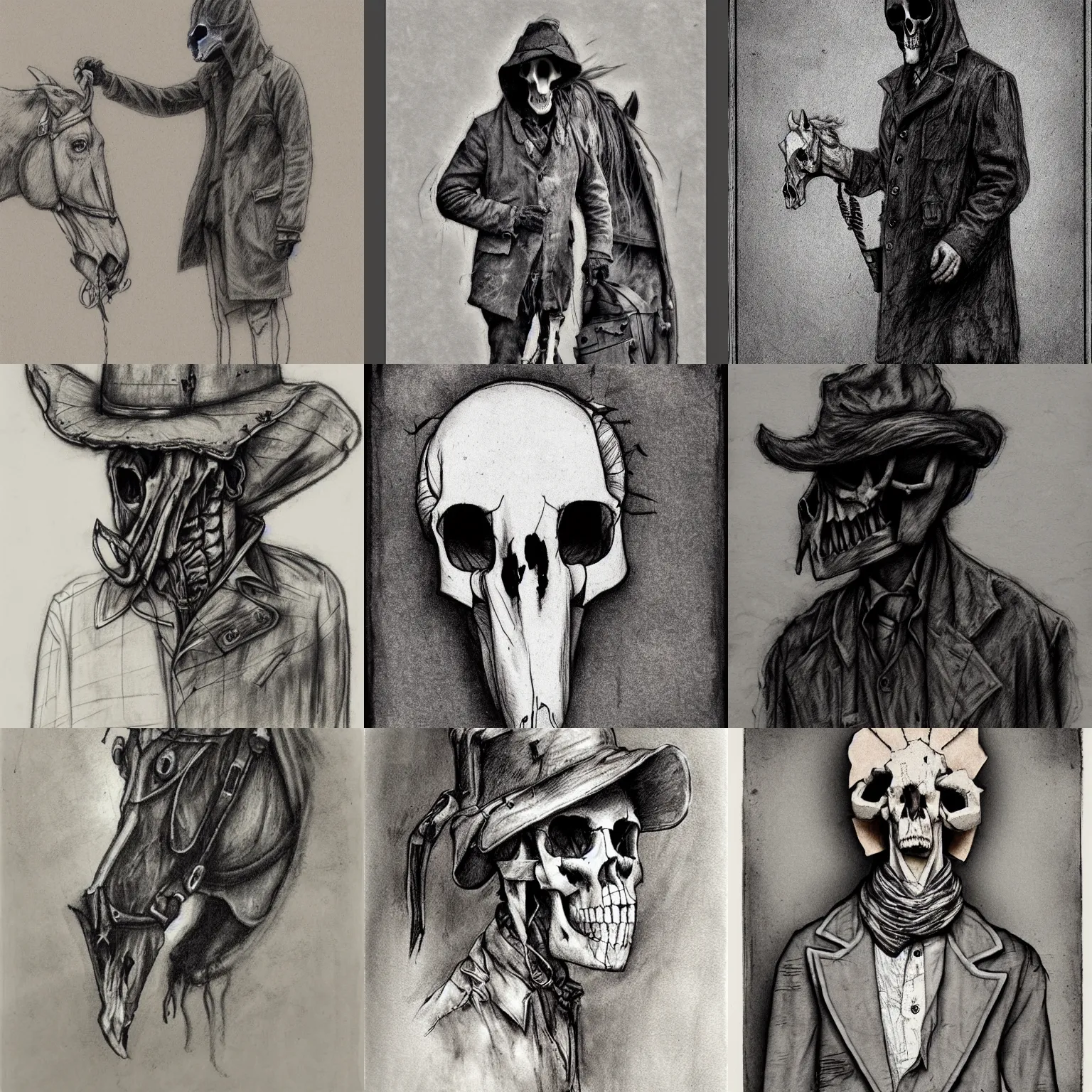 Prompt: postman with horse skull face wearing tattered overcoat, inks, charcoal, crosshatching, luminist, tonalist, monochrome, coarse, portrait, linework, contrast, dust, scattering, leaves