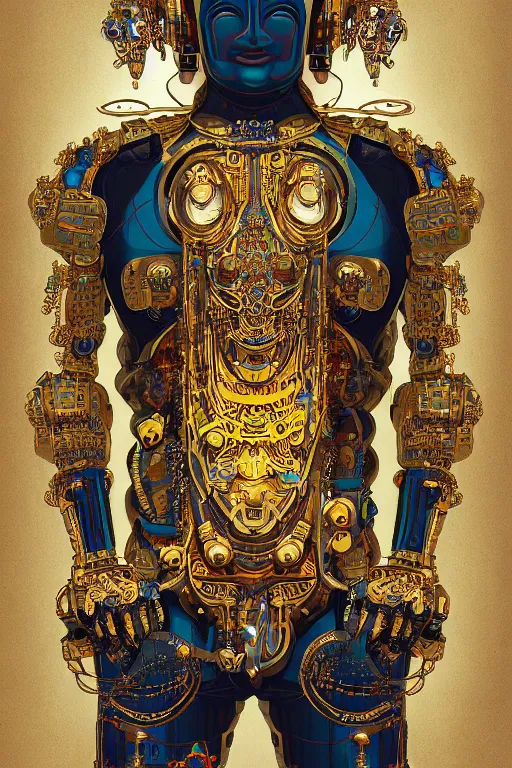 Prompt: a study of cell shaded illustration of a neofuturistic ornate cyborg robot fu manchu buddha with a big belly dancing like shiva, golden ratio, post grunge screen print poster, character concept art by Miles Tsang, highly detailed, sharp focus, motherboard, Artstation, deviantart, artgem