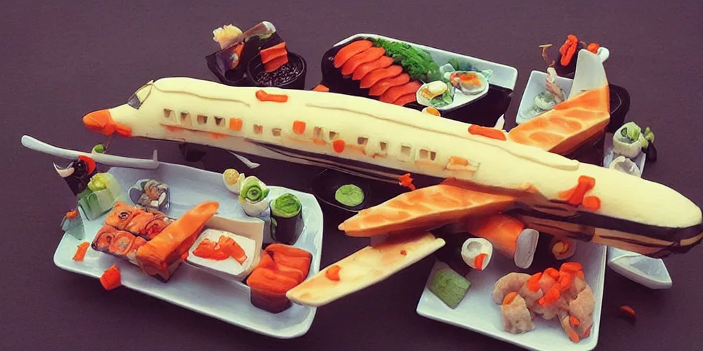 Image similar to airplane made of sushi, artstation trending, winner, 1 st place, dramatic lighting, tasty, food decoration, highend, illustration!!!!, fine details,