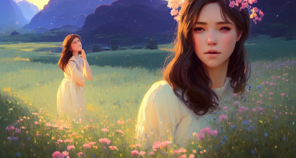 Prompt: a girl clothed in serene flowers behind a beautiful mountain landscape, night setting. realistic shaded lighting poster by ilya kuvshinov katsuhiro, magali villeneuve, artgerm, jeremy lipkin and michael garmash, rob rey and kentaro miura style, trending on art station