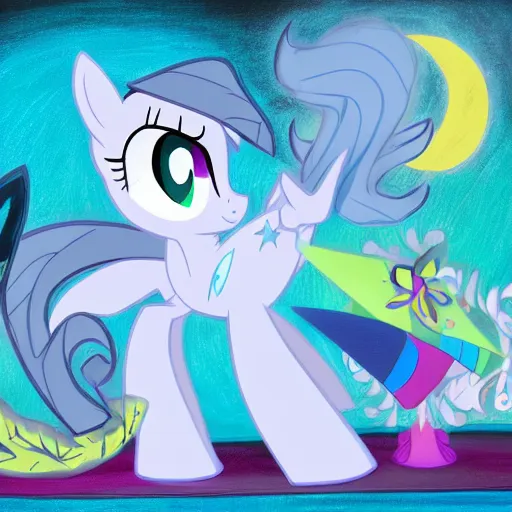 Image similar to painting of the blue unicorn mare Trixie Lulamoon from My Little Pony: Friendship is Magic performing a magic trick, trending on Derpibooru, by Studio Ghibli