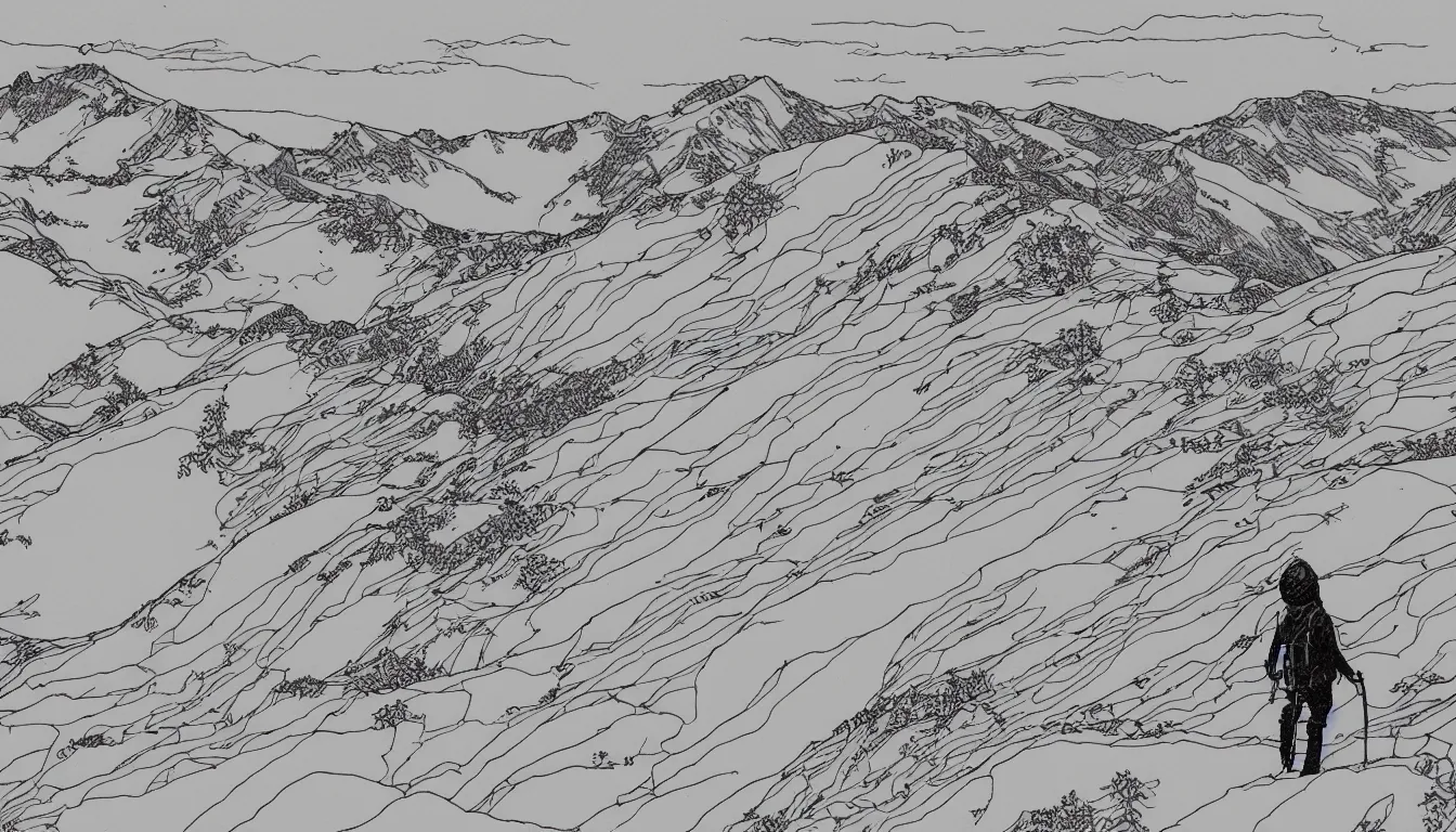 Image similar to lone backpacker on mountain ridgeline, minimalist line art by moebius, clean long lines, ultra detailed