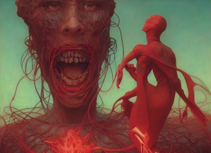 Image similar to Portrait Masterpiece, Wanda Maximoff, dynamic pose, furious, red and cyan, glowing, wires everywhere, by Edgar Maxence and Ross Tran, Zdzisław Beksiński, and Michael Whelan, distant, gustav dore, H.R. Giger, 8k, octane render