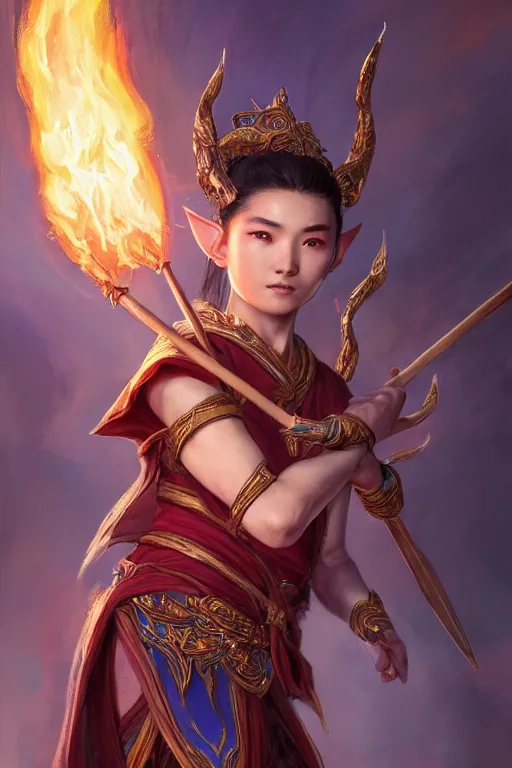 Image similar to a masterpiece portrait of nezha, young elf prince holding spear, flame everywhere, epic pose, fantasy character portrait, closeup shot, hyper detailed, digital painting, 8 k realistic, trending on artstation, sharp focus, dof, by fenghua zhong, artgerm, ne zha from smite, jeff easley, raymond swanland