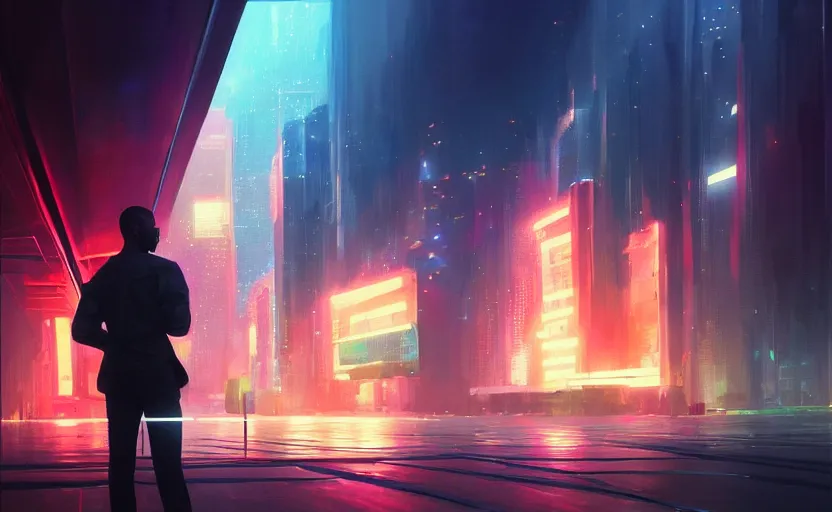 Prompt: handsome black genius infiltrating the metaverse, cenimatic and dramatic, curved translucent holographic displays, urban atmosphere, cmyk glowing lights, highly detailed, digital painting, artstation, concept art, smooth, sharp focus, illustration, art by wlop, mars ravelo and greg rutkowski