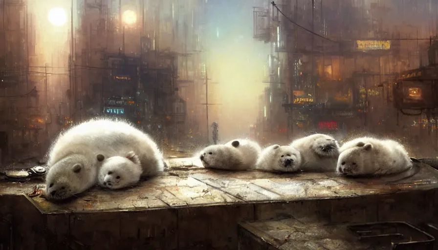 Image similar to highly detailed painting of cute furry white baby seals cuddled up in a cardboard box in a dystopian cyberpunk street by william turner, by greg rutkowski, thick brush strokes and visible paint layers, 4 k resolution, retrowave colour scheme