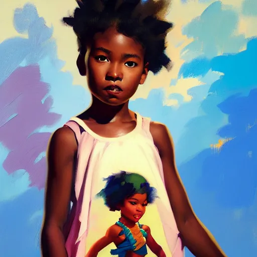 Prompt: !dream Greg Manchess portrait painting of a cute 6 year old afropunk blasian character, medium shot, asymmetrical, profile picture, Organic Painting, sunny day, matte painting, bold shapes, hard edges, street art, trending on artstation, by Huang Guangjian and Gil Elvgren and Sachin Teng