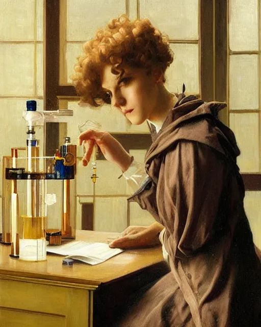 Image similar to a female professor doing experiments in her lab, oil on canvas, artstation, by j. c. leyendecker and edmund blair leighton and charlie bowater, beautiful face, octane, very aesthetic!!!!!!!!!!!!!!!