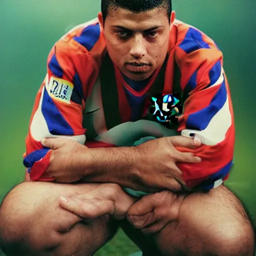 Image similar to ronaldo nazario fenomeno from fc barcelona, photograph by martin schoeller, 1 9 9 6