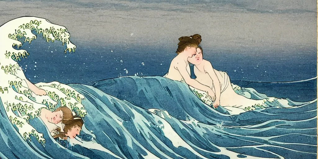 Image similar to two young edwardian women wearing white dresses hold hands on a beach in Sweden, in the style of Anders Zorn, waves in the style of the great wave off kanagawa by Hokusai