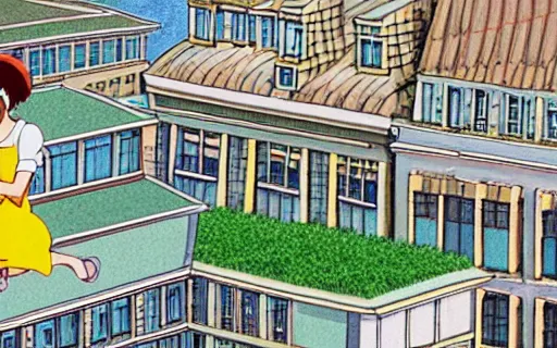 Image similar to a girl sitting on the roof of a building eating a sandwich, zoomed out, wide shot, far away, art by hayao miyazaki, studio ghibli film, hi res, 4k, high detail