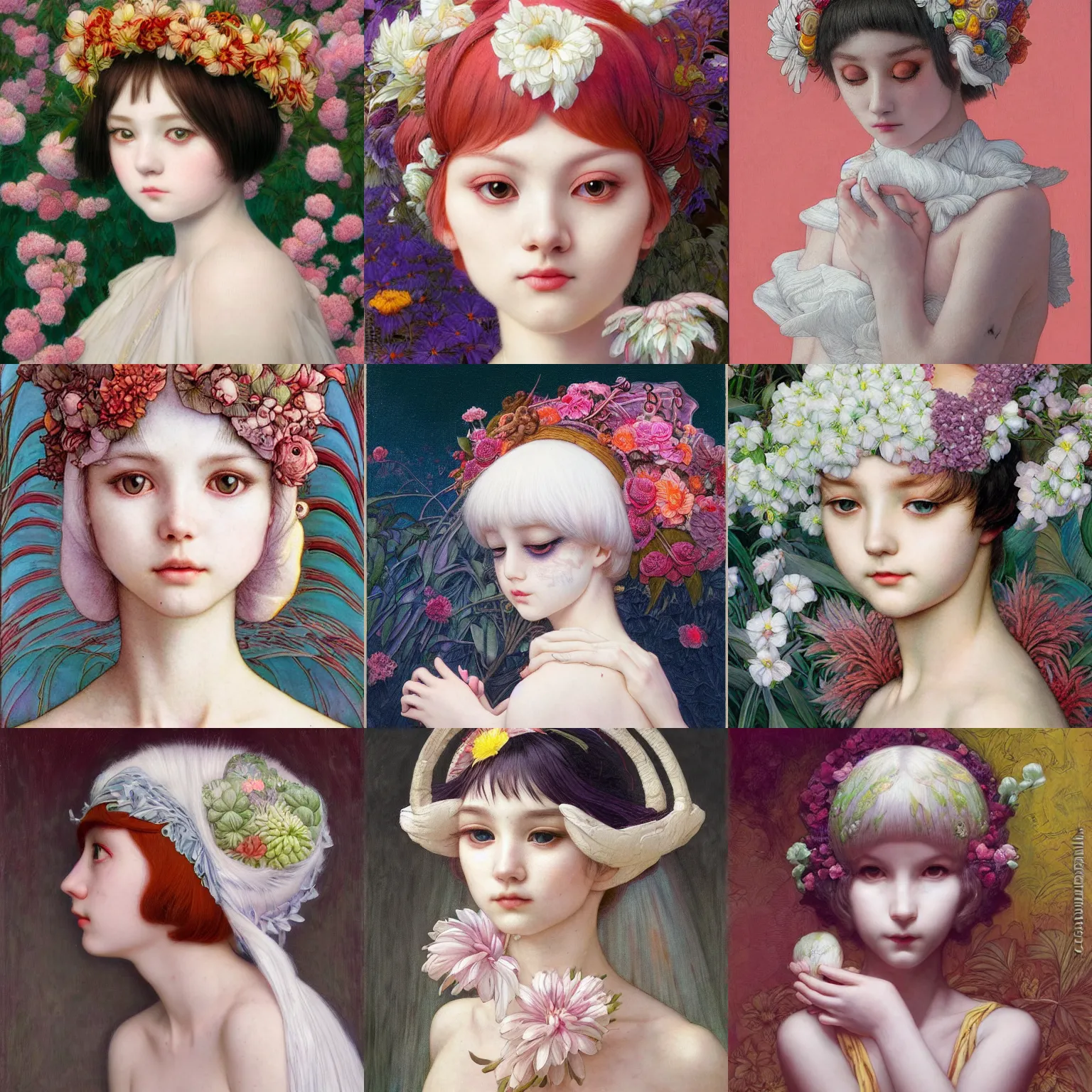 Image similar to white cat girl, botanical, portrait face, colorful, frantisek kupka, intricate, miles johnston, kuroda seiki, cynical realism, ozabu, john william godward, painterly, yoshitaka amano, moebius, miles johnston, louise zhang, james jean, mark ryden lowbrow pop surrealism art style