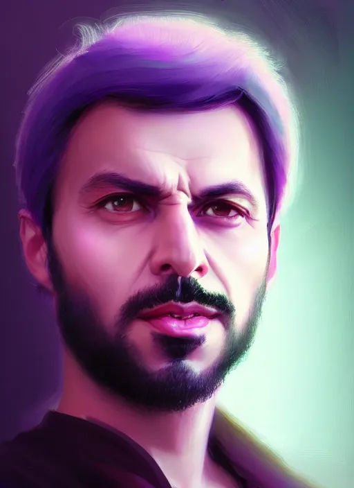 Prompt: portrait of imran khan, purple clothes, white bangs, two color hair, black hair and white bangs, intricate, elegant, glowing lights, highly detailed, digital painting, artstation, concept art, smooth, sharp focus, illustration, art by wlop, mars ravelo and greg rutkowski