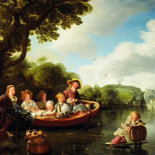 Prompt: cinnabun by jacob van ruisdael, by warren ellis, by charles spencelayh ultradetailed. the computer art of a group of well - dressed women & children enjoying a leisurely boat ride on a calm day. the women are chatting & laughing while the children play with a toy boat in the foreground.