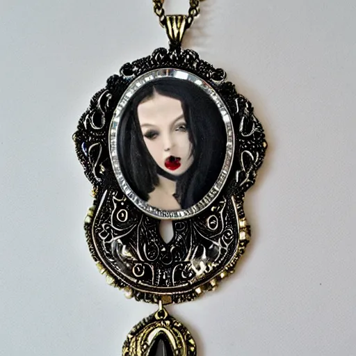 Image similar to semi - realistic gothic style big necklace with rococo ornamental bezel and a pendant of a dark style vampiress artistic necklace