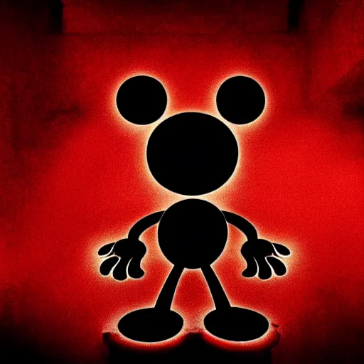 Prompt: A demon that looks like Mickey Mouse, photorealistic, film still, desolate, terrifying, weird, strange, odd, uncanny, horrifying, horrific, spine-chilling, sinister, menacing, ominous, threatening