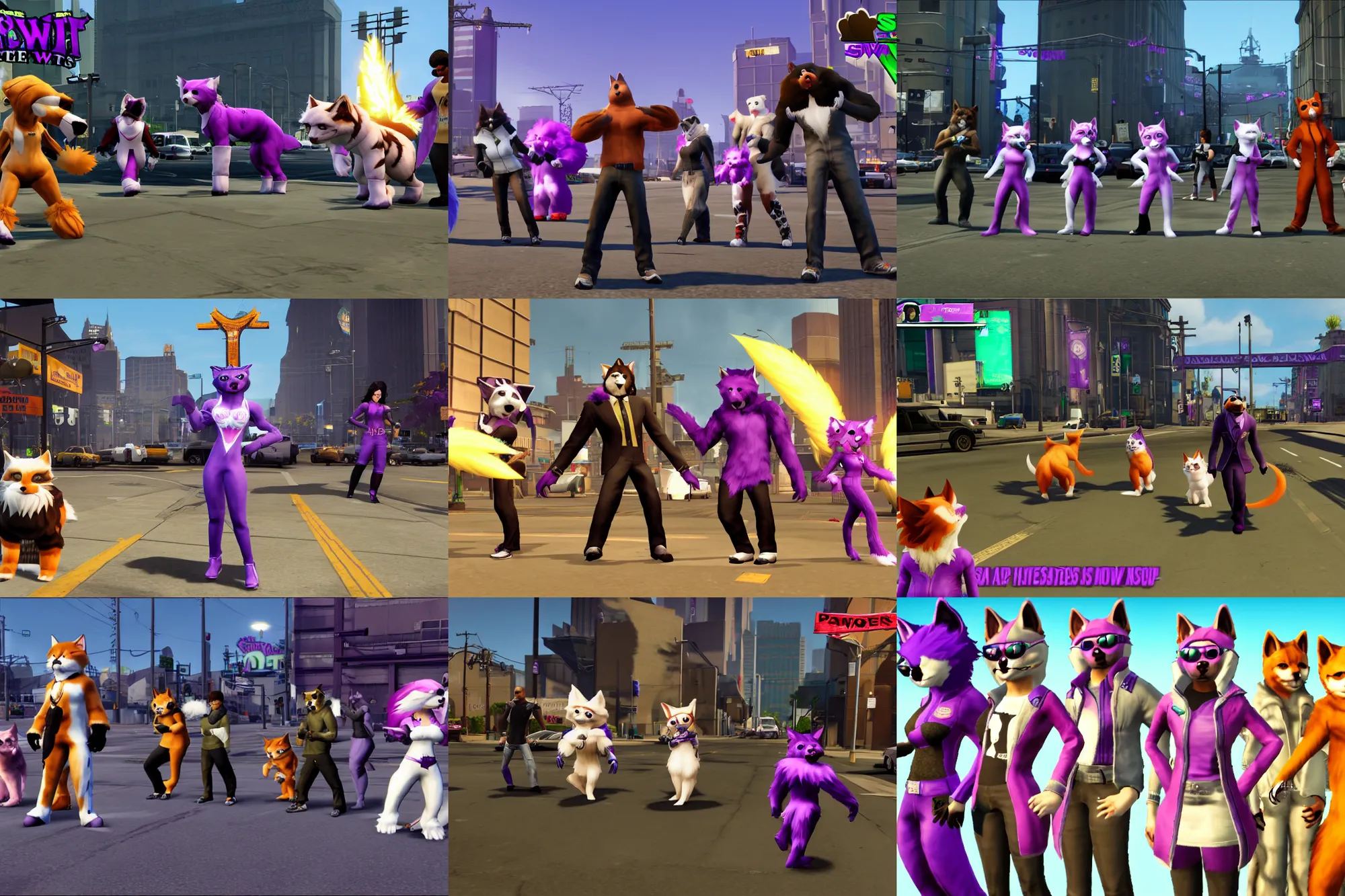 Prompt: screenshot, saints row, furries wearing pawstar tails ( fursuiters + tails ), tails being worn