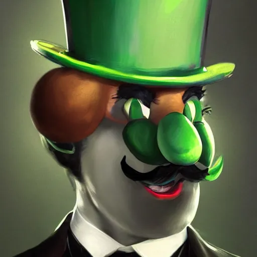 Image similar to hyper realistic, beautifully rendered, dapper fancy luigi wearing a green top hat, green suit and bowtie, smirking deviously, painted by greg rutkowski, wlop, artgerm, dishonored 2