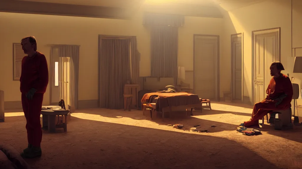 Image similar to colour comedy - sitcom scene from duna ( 2 0 2 1 ) by denis villeneuve and gregory crewdson style highly detailed faces many details by andrei tarkovsky and caravaggio in sci - fi style volumetric natural light rendered in blender and octane render