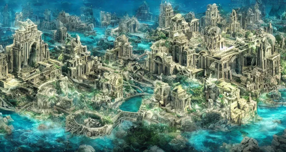Image similar to a magnificent photo of the lost city of Atlantis, underwater, landscape, fully built buildings, hyper detailed, 4K