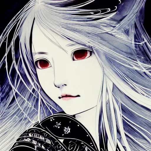 Image similar to yoshitaka amano blurred and dreamy illustration of an anime girl with black eyes, wavy white hair fluttering in the wind wearing elden ring armor and engraving, abstract black and white patterns on the background, noisy film grain effect, highly detailed, renaissance oil painting, weird portrait angle, blurred lost edges, three quarter view, blue and white color palette