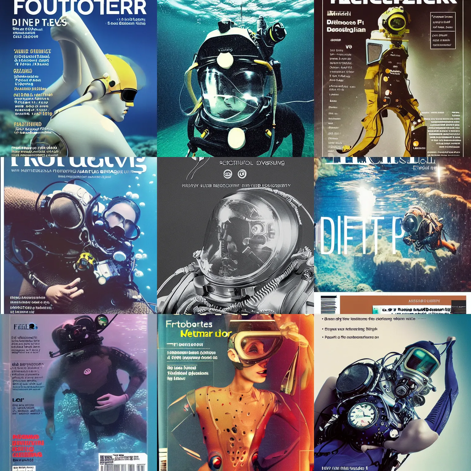 Prompt: beautiful photo in style of frontiers in human deep diving helmet science fashion magazine retrofuturism underwater edition, highly detailed, soft lighting,35mm