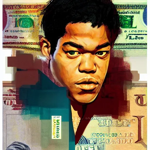 Image similar to joe louis on dollar bill by basquiat, trending pixiv fanbox, acrylic palette knife, style of makoto shinkai takashi takeuchi yoshiyuki sadamoto, fantasy character portrait, ultra realistic vfx, intricate details, artifacts, highly detailed,, highly detailed, cinematic lighting, unreal