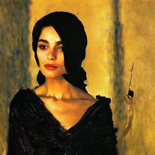 Image similar to a stunning masterful portrait of a confident arab woman with perfect hair by andrew wyeth, john singer sargent, and norman rockwell, natural light, oil painting, ethereal, wong kar wai, strong brushwork